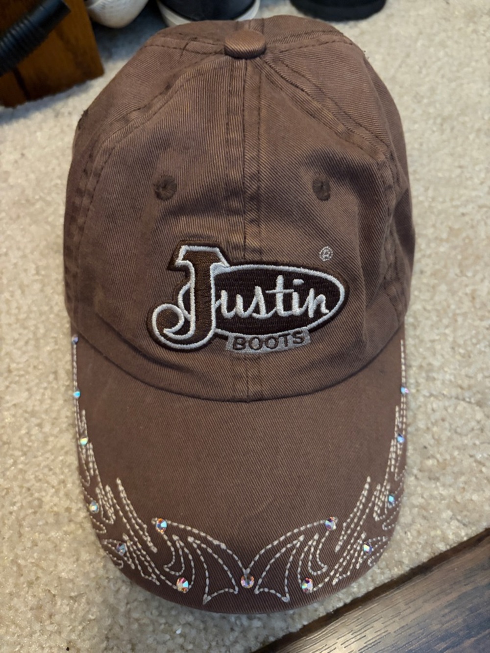 Justin Boots Brown Cap with White Embroidered Logo and Rhinestones